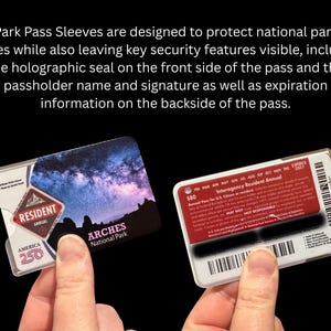 May include: Clear plastic Park Pass sleeves holding two national park passes. The text on the passes is visible, including the holographic seal, passholder name, signature, and expiration information. The text on the image reads: Park Pass Sleeves are designed to protect national park passes.