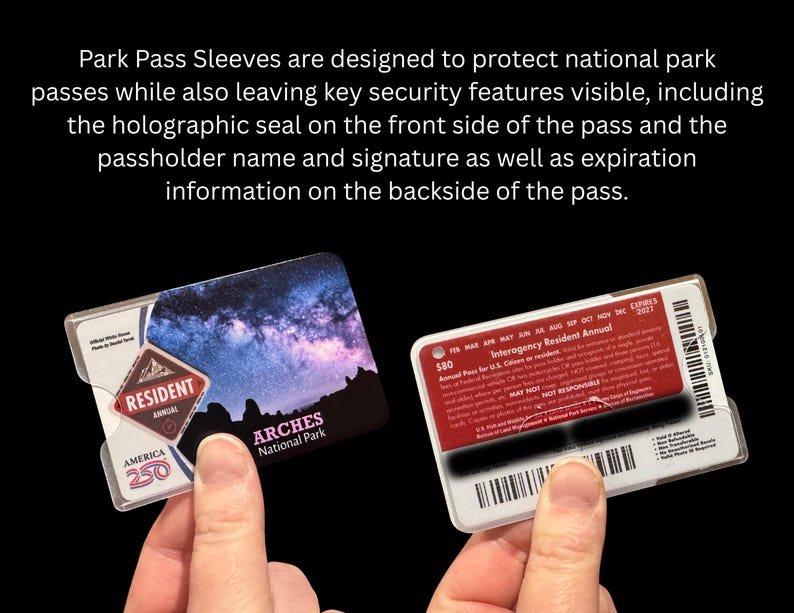 May include: Clear plastic Park Pass sleeves holding two national park passes. The text on the passes is visible, including the holographic seal, passholder name, signature, and expiration information. The text on the image reads: Park Pass Sleeves are designed to protect national park passes.