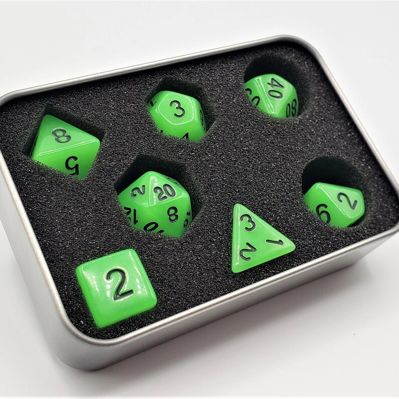 Glow-in-the-Dark Green DND Dice With Tin RPG Dice Pathfinder Dice Set. image 4