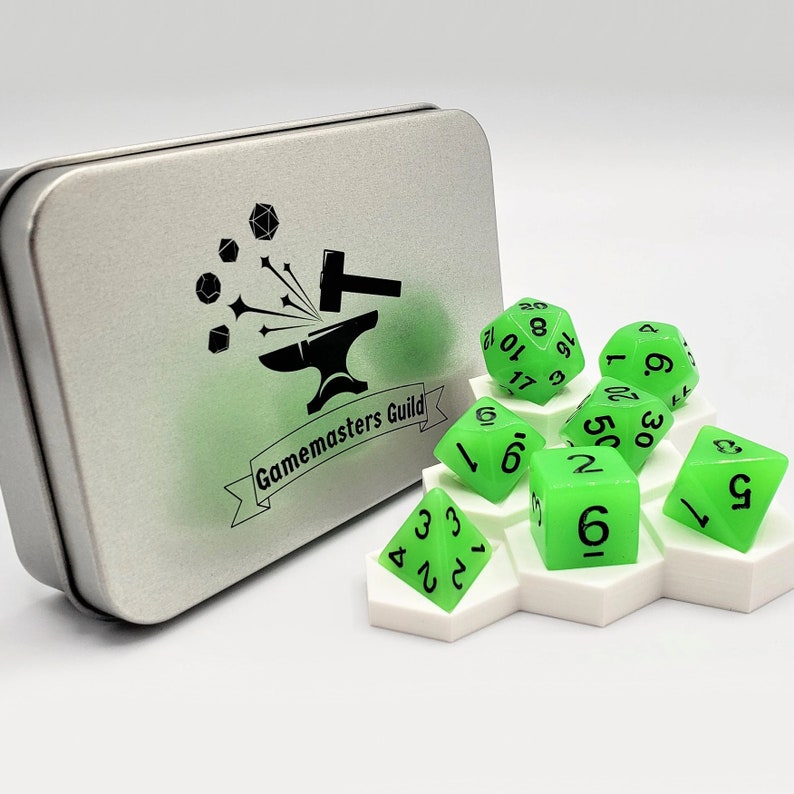 Glow-in-the-Dark Green DND Dice With Tin RPG Dice Pathfinder Dice Set. image 2