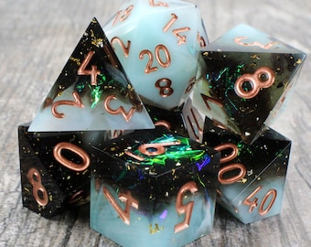 Sharp Edge Dice: White and Black with Holographic Foil Inclusions! DND Dice Set Tabletop
