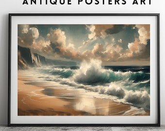 Oceaan zee golven poster kunst aan de muur, zeegezicht strand zomer grote afdrukbare, moderne kust olieverfschilderij, digitale nautische water illustratie