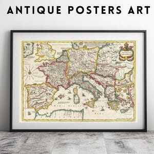 Antike historische Karte von Europa, Karl der Große Reich Vintage Wandkunst, großes bekanntes Weltplakat von 1657, digital druckbare Innendekoration
