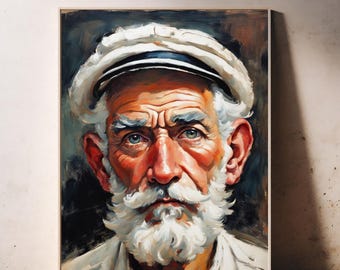 Old Fisherman Portrait Vintage Painting, Antique Coastal Artwork, Elderly Sea Nautical, Printable Wall Art, Unique Rustic Country Cottage