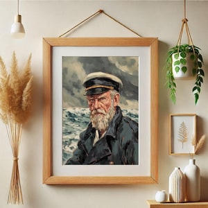 Vintage Fisherman Antique Portrait, Coastal Oil Painting Artwork, Elderly Nautical Seaman, Printable Wall Art, Rustic Country Maritime Image