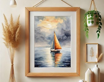 海辺の漁船の壁画、水彩画のイラスト、海の帆船の夏のアートワーク、アンティークな夕日の海景、航海