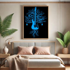 Puede incluir: Una guitarra eléctrica azul con un diseño de árbol, con guitarras más pequeñas como ramas y raíces. La imagen está sobre un fondo negro.