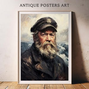 Antique Fisherman Style Vintage Portrait, Coastal Oil Painting Artwork, Elderly Nautical Seaman, Printable Wall Art, Maritime Rustic Country