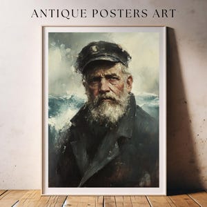 Vintage Fisherman Portrait, Coastal Oil Painting Artwork, Antique Nautical Elderly Seaman, Printable Wall Art, Rustic Country Cottage Image