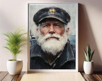 Old Fisherman Portrait Painting, Antique Coastal Artwork, Elderly Sea Sailor, Vintage Nautical Printable Wall Art, Rustic Country Cottage
