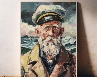 Vintage Fisherman Portrait Oil Painting, Antique Coastal Artwork, Elderly Nautical Sea, Printable Wall Art, Unique Rustic Country Cottage