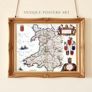Mapa vintage do País de Gales, arte de parede antiga de 1645, Atlas histórico da parte oeste do Reino Unido, carta náutica antiga, decoração retrô para impressão