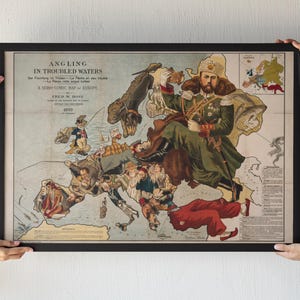 Vintage stripkaart Europa | Retro kunst aan de muur | Uniek cadeau voor reizigers en verzamelaars | Decoratief interieur, vissen in troebel water