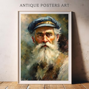 Vintage Style Fisherman Portrait Artwork, Coastal Oil Painting, Elderly Nautical Seaman, Printable Wall Art, Antique Maritime Rustic Country