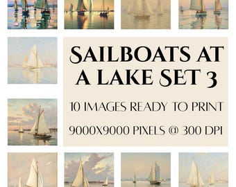 湖畔の帆船 ウォールアート10点セット、水彩画イラスト、夏の海を描いたアートワーク、アンティークな夕焼け海景、航海