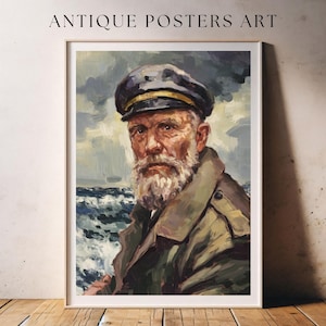 Vintage Fisherman Portrait, Coastal Oil Painting Artwork, Antique Nautical Elderly Seaman, Printable Wall Art, Rustic Country Cottage Image