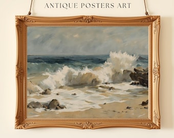 Oceaan golven poster kunst aan de muur, zeegezicht strand zomer grote afdrukbare, moderne kust olieverfschilderij, digitale nautische zeewater illustratie