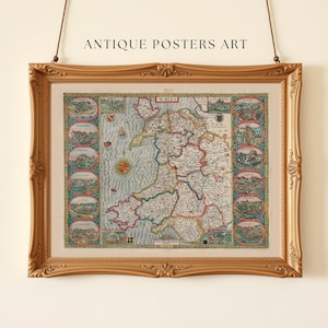 Mapa vintage do País de Gales, arte de parede antiga de 1610, Atlas histórico da parte oeste do Reino Unido, carta náutica antiga, decoração retrô para impressão