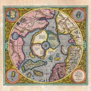 May include: An antique map of the Arctic region, with a circular design and a compass rose in the center. The map is surrounded by a decorative border with ornate details. The map is titled "SEPT. TENTRIO: NALIVM Terrarum de: fenptio."