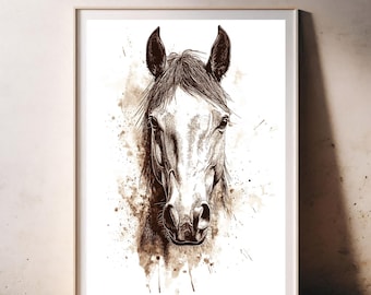 May include: A framed art print featuring a detailed pen and ink drawing of a horse's head. The artwork is in shades of brown and white, with watercolor-like splatters. The text "ANTIQUE POSTERS ART" is at the top.