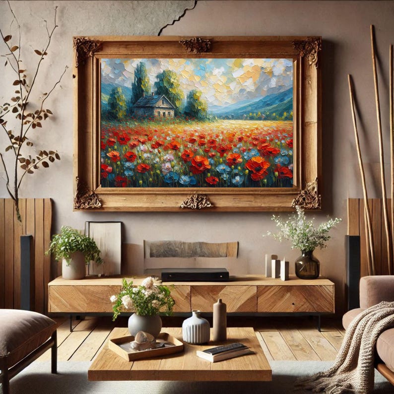Red Poppy Field With Old Farmhouse Wall Art, Spring Floral Oil Painting ...