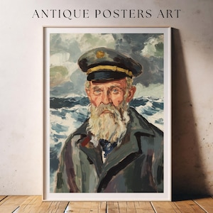 Vintage Fisherman Portrait Oil Painting, Antique Coastal Artwork, Elderly Nautical Seaman, Printable Wall Art, Unique Rustic Country Cottage