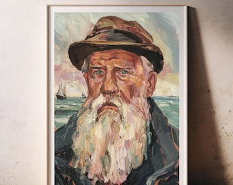 Vintage Fisherman Antique Portrait, Coastal Oil Painting Artwork, Elderly Nautical Sea, Printable Wall Art, Rustic Country Cottage Image