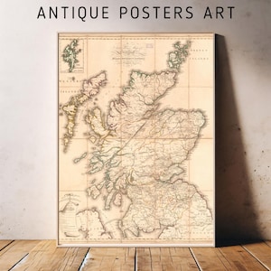 Carte vintage de l'Écosse, art mural antique de 1806, parties historiques du nord de l'Atlas du Royaume-Uni, impression de carte marine ancienne, décoration rétro imprimable