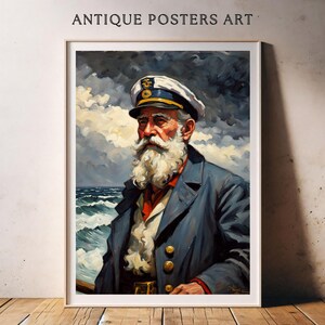 Vintage Fisherman Portrait Oil Painting, Antique Nautical Artwork, Elderly Coastal Sea, Printable Wall Art, Unique Rustic Country Cottage