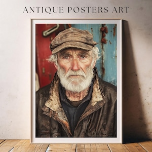 Vintage Fisherman Portrait, Antique Coastal Oil Painting Artwork, Elderly Nautical Sea, Printable Wall Art, Unique Rustic Country Cottage