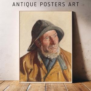 Può includere: Un dipinto di un uomo con un cappello marrone e nero e una giacca gialla. L'uomo ha una barba e baffi bianchi e guarda lo spettatore.