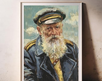 Puede incluir: Retrato vintage enmarcado de un hombre mayor con una larga barba blanca, vistiendo un abrigo y gorra azul oscuro con detalles dorados. La pintura tiene un estilo texturizado, con el texto "ANTIQUE POSTERS ART" en la parte superior.