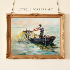Vintage Fisherman Casting Net Oil Painting, Antique Coastal Artwork, Elderly Nautical Sea, Printable Wall Art, Rustic Country Cottage Image
