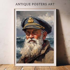 Old Fisherman Portrait Vintage Painting, Antique Coastal Artwork, Elderly Sea Nautical, Printable Wall Art, Unique Rustic Country Cottage