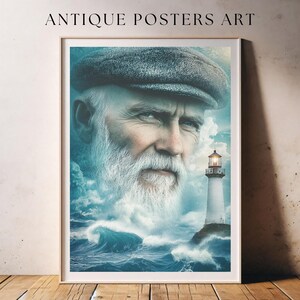 Vintage Fisherman Portrait Artwork, Antique Coastal Oil Painting, Elderly Nautical Sea Man, Printable Wall Art, Rustic Country Cottage Image