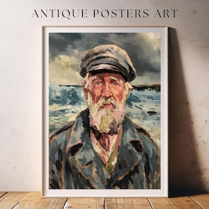 Vintage Fisherman Antique Portrait, Coastal Oil Painting Artwork, Elderly Nautical Sea, Printable Wall Art, Unique Rustic Country Cottage