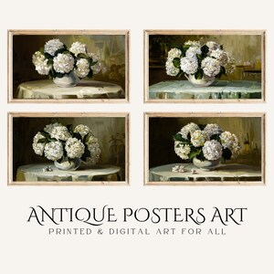 May include: Four framed prints of a still life painting featuring a white bouquet of hydrangeas in a white vase on a white tablecloth. The background is a dark green and brown.