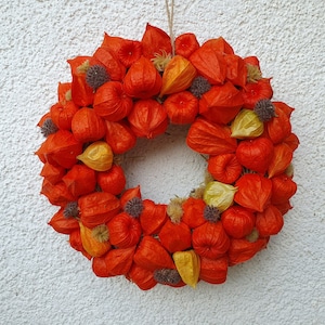 Könnte beinhalten: Ein kreisförmiger Kranz aus leuchtend orangefarbenen Lampionblumen und einigen gelben. Der Kranz ist mit kleinen, dunkelbraunen Samenkapseln verziert. Er wird an einer natürlichen Schnur aufgehängt, ideal für die saisonale Dekoration.