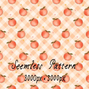 May include: Seamless pattern featuring watercolor peaches with green leaves, small yellow flowers, and pink hearts on a peach and white checkered background. The text "Seamless Pattern" and "3000px x 3000px" are also included.
