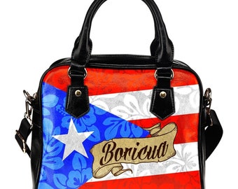 Vintage Distressed Puerto Rico Flag Woman Round Leather Shoulder Bags Tote Beach Bags Purse 