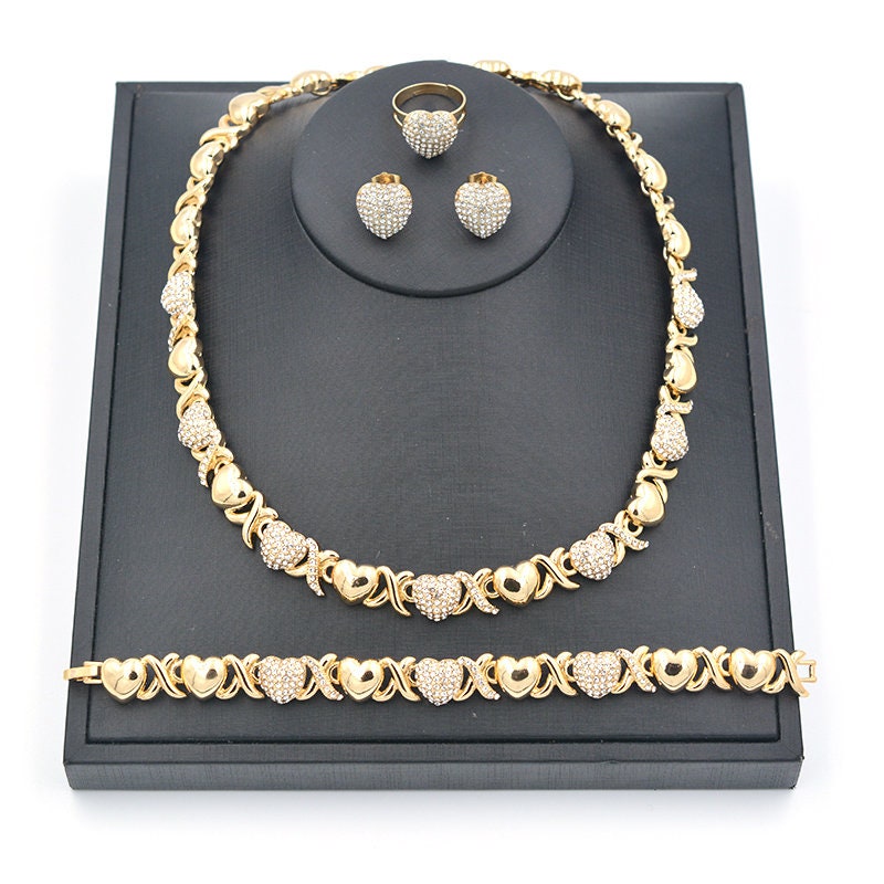Hugs & Kisses Jewelry Set - Necklace, Bracelet, Earrings, Ring - Gold Filled Xo