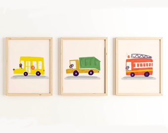 Kids wall art | Set of (3) three prints: School Bus, Garbage Truck, Fire Truck — Nursery Decor — Gender Neutral — Boy's room — Girl's room