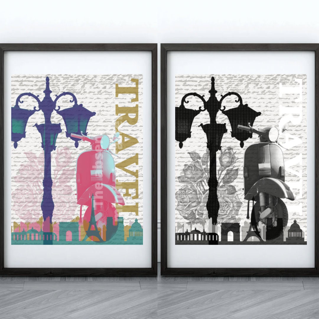 Travel Printable, Moped Printable, Travel Art, Travel Wall Art, Paris Print, Vintage Print ...