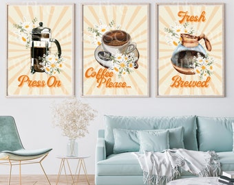 3 Retro Coffee Prints, 8x10 Coffee Wall Art, Kitchen Decor, Coffee Bar Decor, Vintage Poster