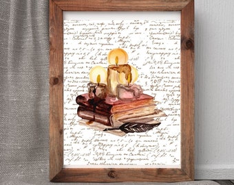 Old Books Print, Vintage Decor, Old Script Art, Candle Wall Art, Vintage Wall Art, Library Decor, Academia Aesthetic, Dark Academia Decor