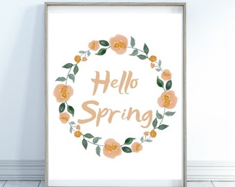 Watercolor Spring Printable, Watercolor Wall Art, Hello Spring Printable, Floral Wreath Print