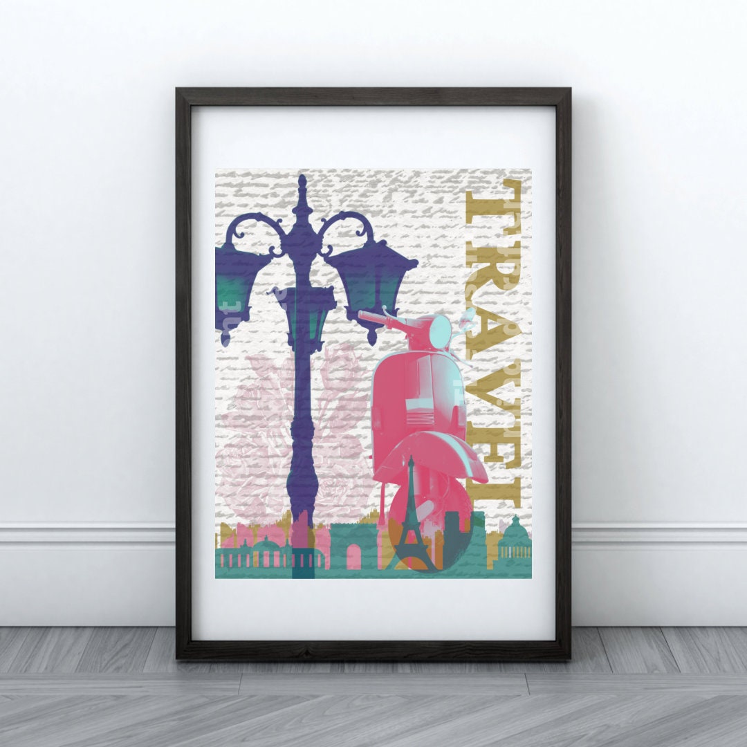 Travel Printable, Moped Printable, Travel Art, Travel Wall Art, Paris Print, Vintage Print ...