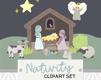Conjunto de imágenes prediseñadas de la Natividad: Niño Jesús, María y José (Descarga digital)