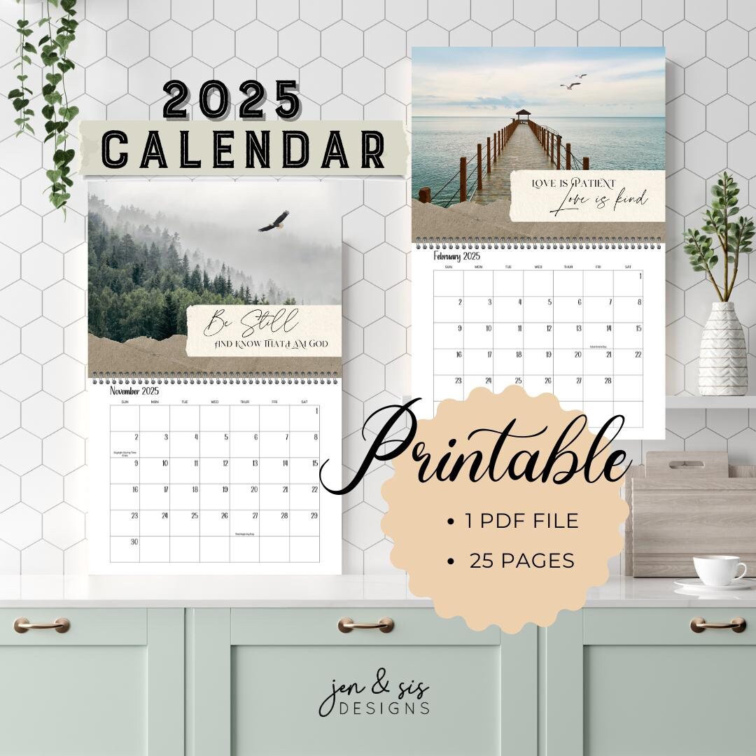 2025 PRINTABLE Calendar PDF File 12 Month Calendar Scenery & Birds