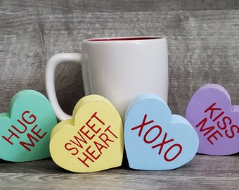 Conversation Hearts Valentines Day-Farmhouse-Wood Heart Decor-XOXO-Kiss Me-SWEET HEART-Hugs-Wood Hearts-Valentines Tier Decor